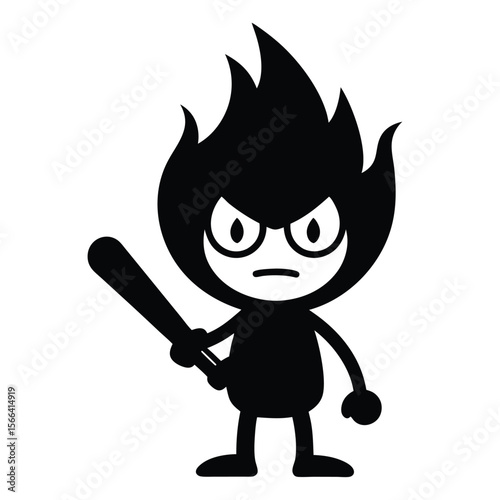 Solid black cartoon fire is angry, carrying a baseball bat vector on white background