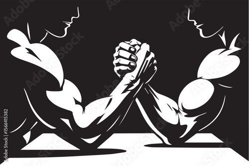 Arm Wrestling Match: Intense arm wrestling match between two muscular men.  The black and white illustration emphasizes strength, competition, and determination.