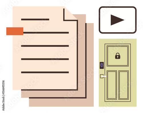 Stacked documents, play button, and locked door symbolizing data security, access management, and media sharing. Ideal for cybersecurity, document management, online learning, privacy data sharing