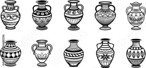 Collection of ten stylized ancient Greek vases and amphorae with different decorations