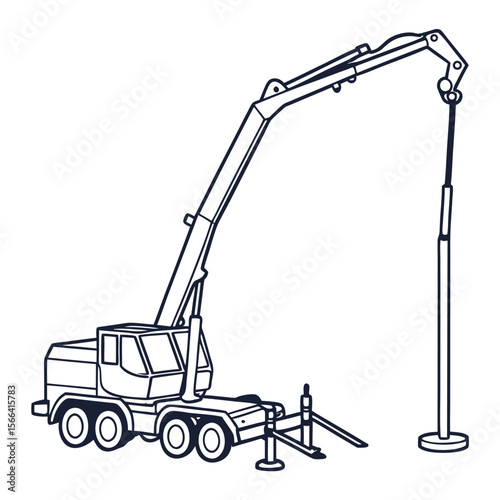 Line art concrete pump truck on white background construction