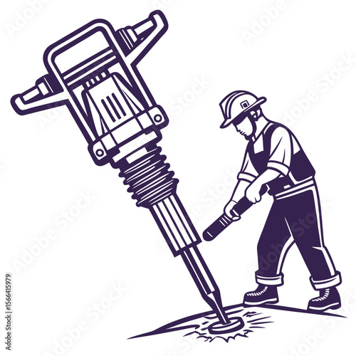 Man operating jackhammer on white background construction