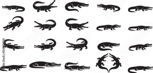Various alligator poses black silhouettes crocodile