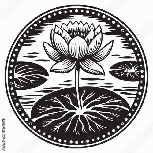 Vintage woodcut style lotus and lily water flower illustration