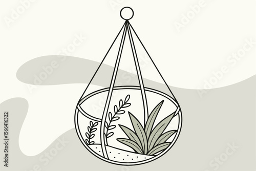 Minimalist hanging terrarium with plants and abstract background