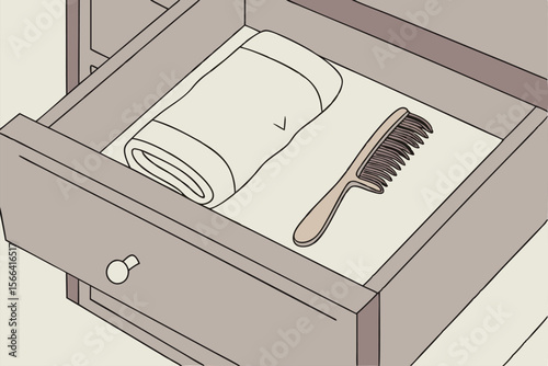 Open drawer with folded towel and comb hair comb