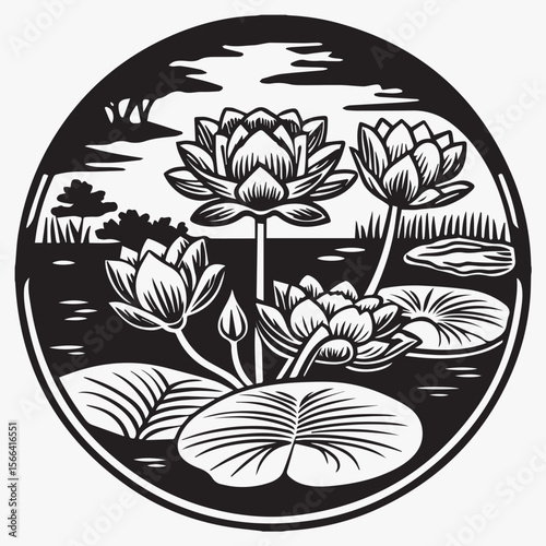 Vintage woodcut style lotus lily water flower illustration