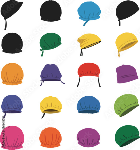 Bathroom Shower Cap Silhouette Vector Icon Set, Hair Protection Headwear for Personal Hygiene, Diverse Designs for Beauty and Hotel Amenities Concepts.