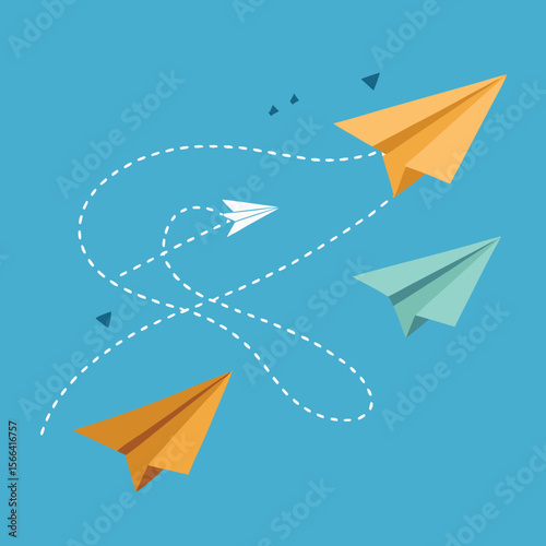 floating paper airplanes with dotted trail lines