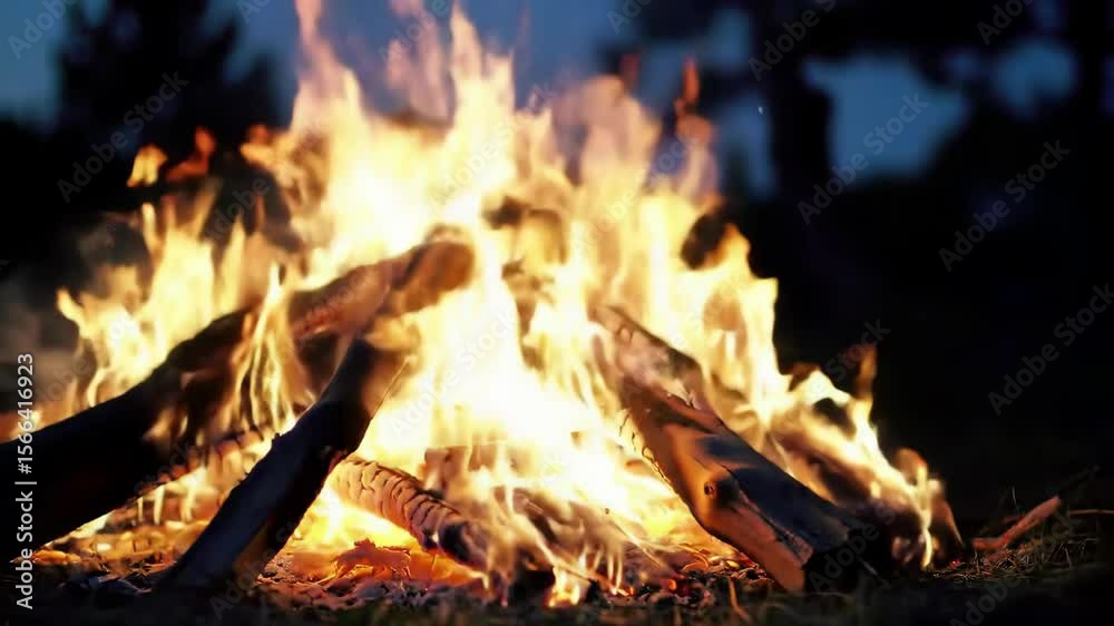 Burning campfire with logs at night, close up view of flames Burning campfire with logs at night, close up view of flames