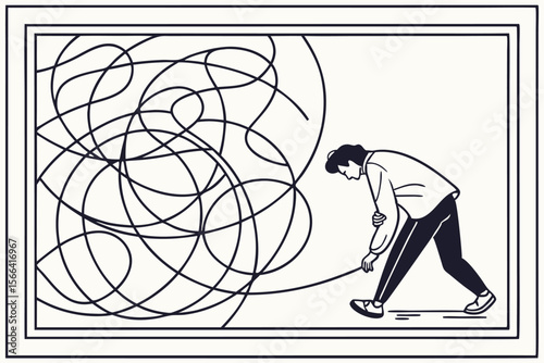 Person untangling abstract lines in a frame scribble