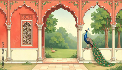 Mughal Peacock Palace Vector – Traditional Royal Scene with Arch, Botanical Plants, and Decorative Landscape Wallpaper for Art Mural and Interior Decor Design