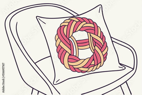 Pink and yellow braided knot pillow on chair decorative