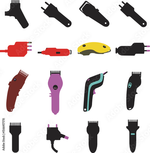 Electric Hair Trimmer and Charger Silhouettes Vector Set, Barbershop Equipment and Personal Grooming Devices, Various Plug Types for Salon & Home Use.