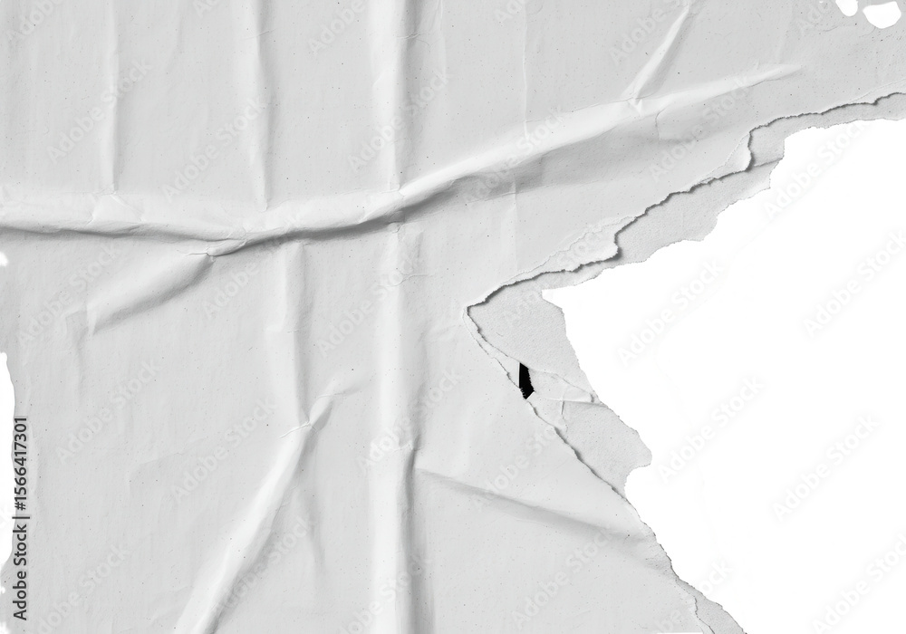 Fototapeta premium A crumpled and torn white paper texture, isolated on transparent background, revealing an abstract and aged surface