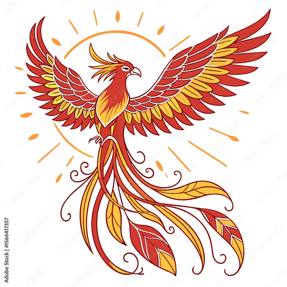 Fototapeta premium Red and yellow phoenix bird with sun rays on white background