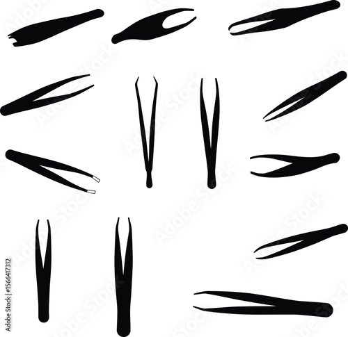 Professional Tweezers Silhouettes Vector Set, Diverse Beauty and Grooming Tools Collection, Various Shapes for Personal Care, Medical, and Craft Concepts.