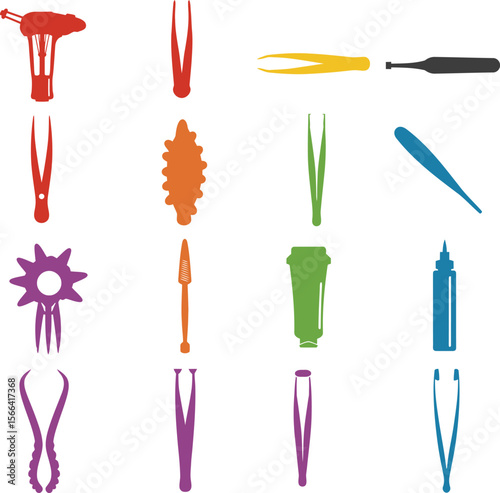 Beauty Tweezers and Cosmetic Tools Vector Illustration Set, Diverse Grooming Products Collection, Colorful Personal Care Appliances for Salon & Spa Concepts.