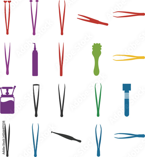 Beauty Tweezers and Cosmetic Tools Vector Illustration Set, Diverse Grooming Products Collection, Colorful Personal Care Appliances for Salon & Spa Concepts.