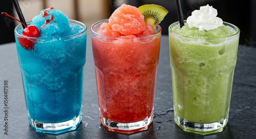 Three Colorful Frozen Smoothies in Glasses