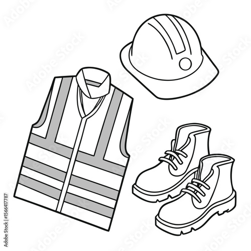 Safety vest hard hat and work boots outline safety gear