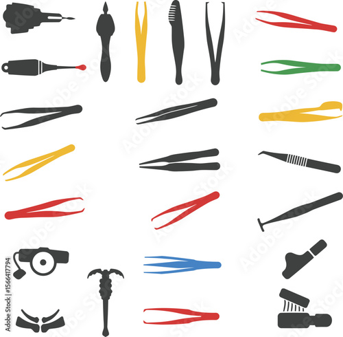 Beauty Tweezers and Cosmetic Tools Vector Illustration Set, Diverse Grooming Products Collection, Colorful Personal Care Appliances for Salon & Spa Concepts.