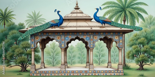 Mughal Monument Garden Vector – Peacock, Trees, and Botanical Landscape with Traditional Architecture Mural for Wallpaper, Decor, and Heritage Design Illustration