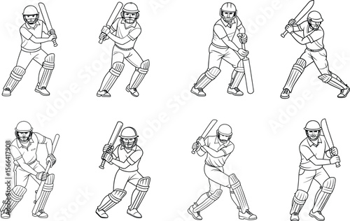 Black and white line art of cricket batsmen in different poses