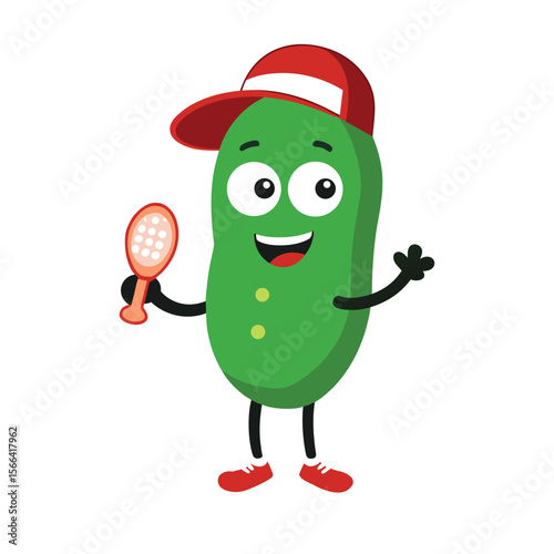 funny cartoon pickle playing pickleball colorful icon isolated on white background