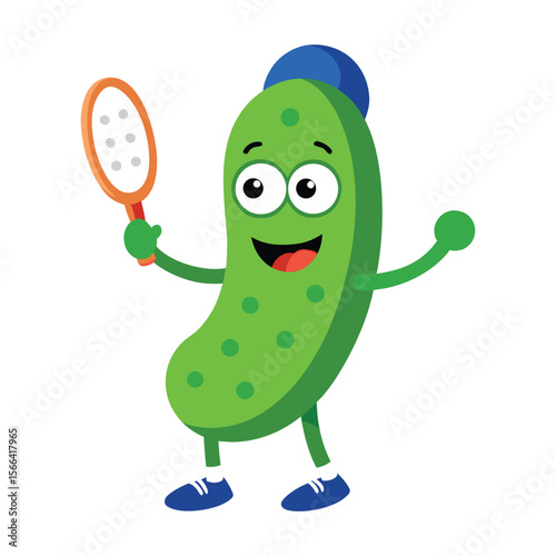 funny green pickle playing pickleball vector icon isolated on white background