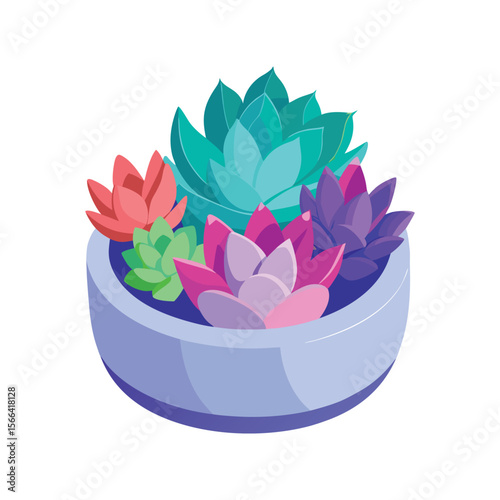succulents flowers, pink lotus flower in a vase, colorful icon isolated on white background