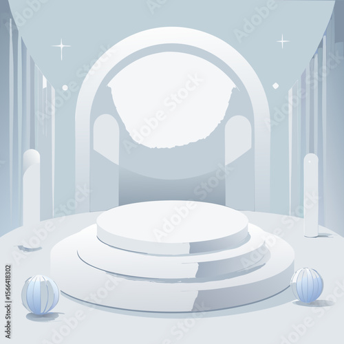 Minimalist white stage with tiered podium and abstract spheres in futuristic architectural setting