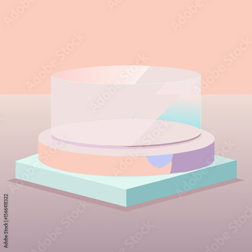 Minimalist geometric podium with pastel colors and transparent cylinder for product display
