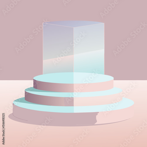 Minimalist pastel stage with cylindrical podium and transparent cube backdrop