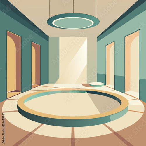 Modern minimalist interior with circular platform and arched doorways bathed in light