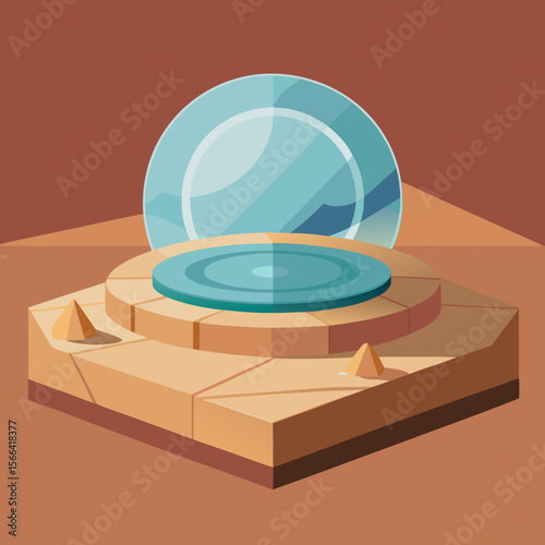 Ancient egyptian oasis with glass disc and pyramid elements