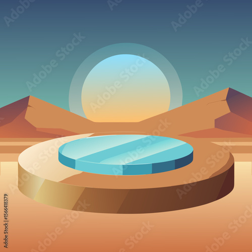 Futuristic alien landscape with a glowing blue pool and desert mountains