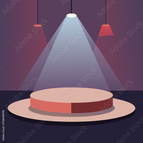 Empty circular stage with spotlights and dramatic lighting in a modern setting