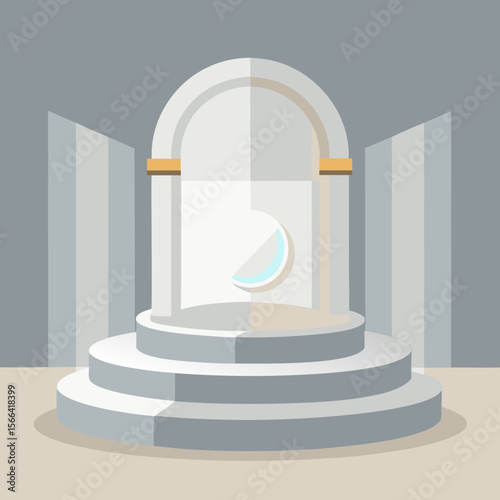 Minimalist architectural stage with circular element and tiered platform