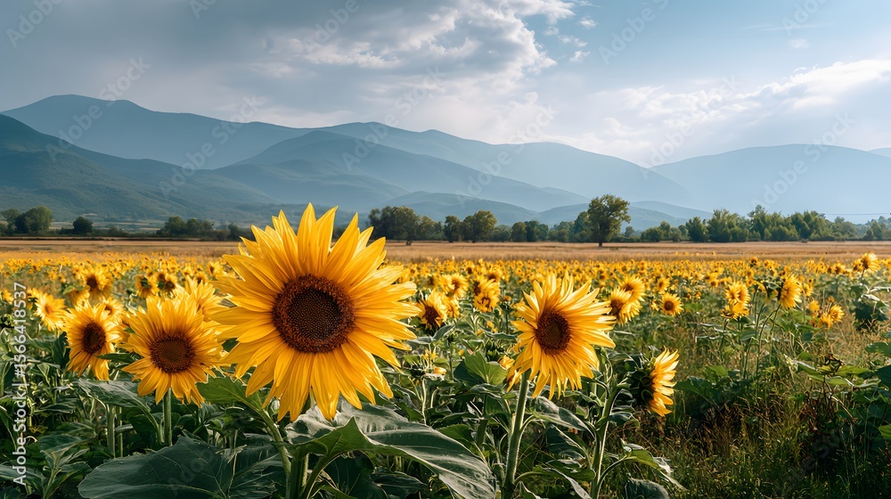 Obraz premium Vibrant Sunflower Field Under a Cloudy Sky Mountainous Backdrop A Summer Day Landscape