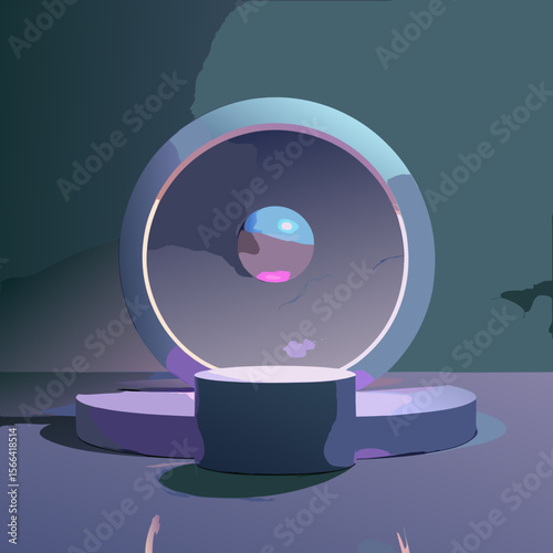 Futuristic sci fi podium stage with glowing orb and circular archway