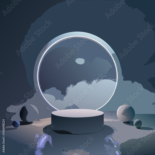 Futuristic podium with glowing ring and abstract spheres in a moody blue environment