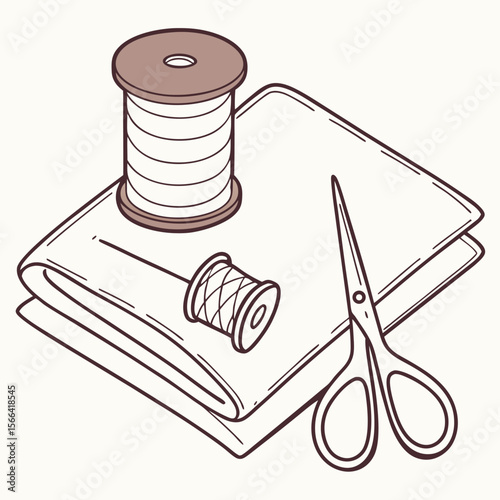 Spool of thread fabric and scissors sewing needle
