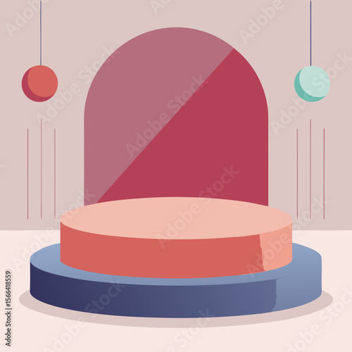 Abstract geometric stage with hanging spheres and arched backdrop in pastel colors