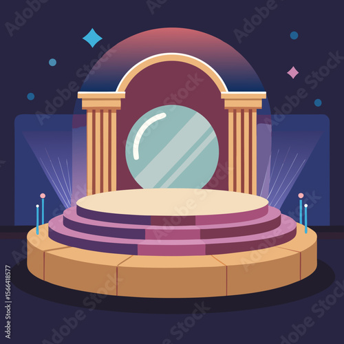 Grand stage with a crystal ball and spotlights under a starry sky