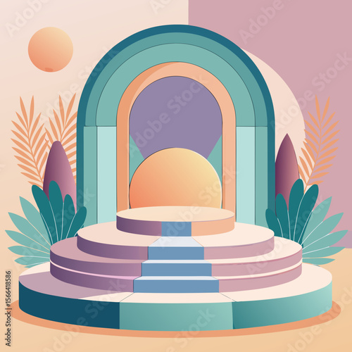 Abstract geometric stage with layered arches and tropical plants in pastel colors