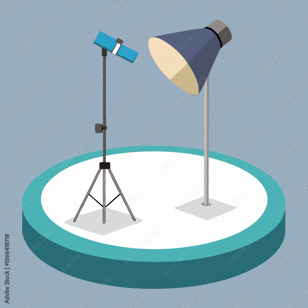 Two studio lights on stands on a circular stage with a blue background