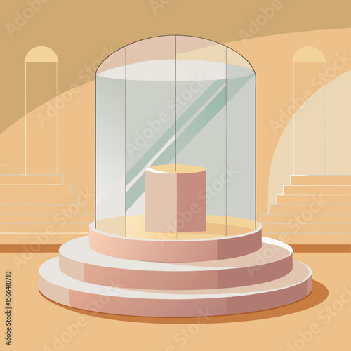 Empty museum display case with geometric pedestal and stairs in minimalist architectural setting