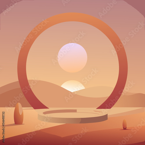 Surreal desert landscape with a circular arch and two suns at sunset