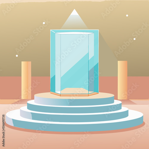 Empty glass display case on a multi tiered pedestal under a spotlight